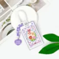 Porta carte d'identità trasparente carino con catena viola e cinturino da polso - Fumetto Stella - Griglia Viola Floreale / Corda a Molla + Ciondolo a Cuore / Viola