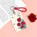 ABS vertical ID card holder with red braided lanyard and elegant tulip floral print design. - NICE Magenta Bouquet / Red Edged Leather Rope