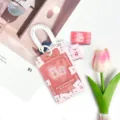 Transparent pink cute bear sliding card holder with retractable lanyard and lovely pendant. - Heart Cherry Bear / White Spring Rope (Heart Cherry Bear Clasp)