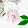 Porta carte trasparente rosa con polsino a spirale, ciondolo a cuore e carta carina. - Fumetto Stella - Griglia Rosa Floreale / Corda a Molla + Ciondolo a Cuore / Rosa