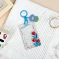 Transparent acrylic card holder with keychain, cute tulip design, student ID protector. - Rose Tulip Pattern / Blue Flower Keychain