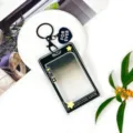 Transparent student ID card holder with keychain, durable PS plastic badge protector cover. - Star Speech Bubble + Heart Keychain / Black