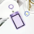 Purple camera style card holder clear ID badge holder with keychain for students bus pass - Leather Strap Keychain Style / Purple