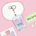 Clear acrylic ID card holder keychain aesthetic transparent cute student bus pass protective cover - Sunrise Pink Butterfly / Leather Strap Metal Clasp