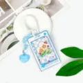Porta badge trasparente per studenti con carta floreale, portachiavi blu e ciondolo a cuore. - Fumetto Stella - Griglia Blu Floreale / Corda a Molla + Ciondolo a Cuore / Blu