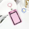Pink camera shaped ID badge holder transparent card protector with keychain for students bus cards - Leather Strap Keychain Style / Pink