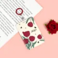 ABS ID badge holder cute tulip pattern card protector for school office bus card - 5 Magenta Flowers / 3.3 Red Leather Strip Keychain