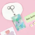Transparent acrylic ID card holder with cute butterfly design and keychain for students. - Hand-painted Purple Butterfly / Leather Strap Metal Clasp