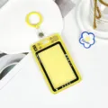 Transparent yellow camera style card holder with keyring for student ID and bus card protective case. - Leather Strap Keychain Style / Yellow