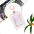 Transparent pink cartoon card holder with keychain, student ID badge protector sleeve for IC card. - Star Speech Bubble + 3.3 Strap Keychain / Pink