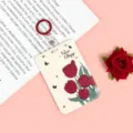Large ABS badge holder with tulip print, protective case for student ID, work card and bus IC card. - NICE Magenta Bouquet / 3.3 Red Leather Strip Keychain