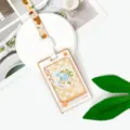 Portacarte rigido trasparente con cordino simpatico badge studente custodia protettiva cancelleria - Fumetto Stella - Griglia Arancione Floreale / Cordino Orso Fiore Beige / Arancione