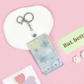 Cute transparent card holder keychain with aesthetic butterfly and music player design for students. - Hand-painted Blue Butterfly / Leather Strap Metal Clasp