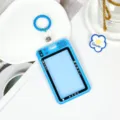 Blue camera style transparent ID card holder with keychain, cute student badge protector sleeve. - Leather Strap Keychain Style / Blue