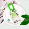 Transparent PS cartoon card holder with green lanyard for student ID cards and meal passes. - Panda Frame / Green Spring Rope