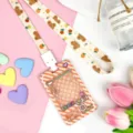 Cute cartoon card holder with lanyard student transparent ID badge bus card protective case. - Orange Grid Game Console with Beige Flower Bear Snap Long Lanyard
