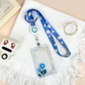 Student cute blue flower sliding card sleeve badge holder with lanyard and retractable reel - Blue Flower Pattern / Blue Floral Retractable Lanyard