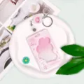 Pink cartoon rabbit ID badge card holder with retractable reel and keychain for students. - Pink Rabbit Frame / White Retractable Badge Reel (Heart Bear Head)