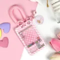 Pink claw machine card holder, cute ID badge protector with coil lanyard and bear pendant. - Pink Grid Game Console with Matching Pink Double Loop Spring Rope (Pink Pastry Dog Bell Clasp)