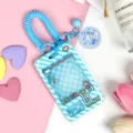 Cute claw machine style transparent card holder with spring lanyard for students bus ID cards. - Blue Grid Game Console with Matching Blue Double Loop Spring Rope (Blue Pastry Dog Bell Clasp)