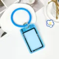 Blue camera style transparent student card holder with silicone ring keychain for daily use. - Camera Shape - Ring Charm Style / Blue