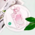 Cute pink rabbit transparent cardholder ID badge holder with metal keychain accessory - Pink Rabbit Frame / Pink Heart Keychain