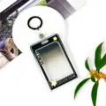 Transparent plastic card holder with cute gradient design and keychain, ideal for student ID cards. - Black Star Speech Bubble + 3.3 Black Leather Strap Keychain / Black