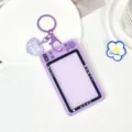 Purple transparent student card holder with cute camera design and heart keychain pendant. - Camera Shape - Heart Keychain Style / Purple
