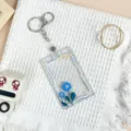 Transparent acrylic card holder with blue flower design and keychain for student IC cards. - Blue Flower Pattern / Leather Strap Metal Clasp