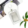Transparent acrylic ID card holder with keychain, ideal for student badge and IC cards. - White Star Speech Bubble + 3.3 White Leather Strap Keychain / White