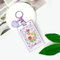 Porta badge rigido viola trasparente con portachiavi, simpatico design a tulipano per studenti. - Fumetto Stella - Griglia Viola Floreale / Portachiavi Cuore Viola / Viola