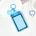 Blue transparent student card holder with keychain, camera design ID badge holder. - Camera Shape - Heart Keychain Style / Blue