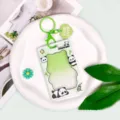 Green panda ID card holder keychain, transparent student bus pass badge sleeve variant. - Panda Frame / Green Heart Keychain