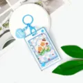 Portacarte trasparente blu carino con portachiavi, custodia protettiva per badge con fiori - Fumetto Stella - Griglia Blu Floreale / Portachiavi a Cuore Blu / Blu