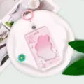 Pink transparent cute rabbit cartoon ID card holder student badge protective case with keychain. - Pink Rabbit Frame / 3.3 Pink Leather Keychain