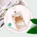 Transparent brown gradient cartoon bear badge holder student ID card protective case with reel - Milk Tea Bear Frame / White Leather Keychain
