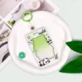 Transparent cartoon panda ID card holder with green lanyard student bus pass sleeve. - Panda Frame / 3.3 Green Leather Strip Keychain