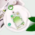 Transparent cartoon student ID card holder with cute frog design and green lanyard strap. - Sun Frog Frame / 3.3 Green Leather Strip Keychain