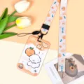 Lindo tarjetero deslizante ABS de perrito naranja de dibujos animados con cordón para estudiantes. - Perro Naranja Pastel + Cordón Largo Conejo Naranja Cuadros