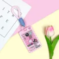 Pink white striped claw machine card holder with lanyard cute student ID badge protective cover - Pink Short Braided Rope / Pink Grid Console