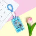 Cute cartoon animal shaker card holder ID badge protector with a convenient blue lanyard. - Blue Short Braided Rope / Blue Grid Console