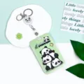 Cute cartoon panda ID card holder with retractable reel and protective case in green color - Stacking Pandas And White Badge Reel