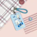 Cute cartoon puppy ID card holder with braided lanyard and metal keychain for students. - Blue Oreo Dog + Light Blue Hand Rope