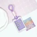 Cute purple shaker card holder with lanyard student ID badge protective case ID card cover - Pyjama Bear (Purple Border) / Purple Short Braided Rope