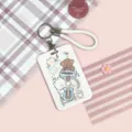 Cute cartoon music bear card holder with white braided wrist strap and secure keychain attachment - White Guitar Cat + White Hand Rope