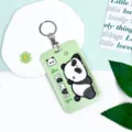 Green cute panda cartoon sliding card holder with keyring for student bus badge protection. - Lying Panda And Round Ring Clasp