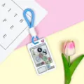 Cute claw machine animal card holder with lanyard, student ID badge protective case. - Blue Short Braided Rope / White Grid Console