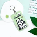 Cute cartoon panda card holder with keychain, light green student ID badge protective case. - Stacking Pandas And Round Ring Clasp