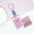 Pink cute cat card holder with lanyard, social media UI design, student ID bus card sleeve. - Kitty (Pink Border) / Pink Short Braided Rope