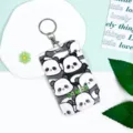 Cute cartoon panda card holder with keychain, durable plastic ID badge case for daily use. - All-over Mini Pandas And Round Ring Clasp